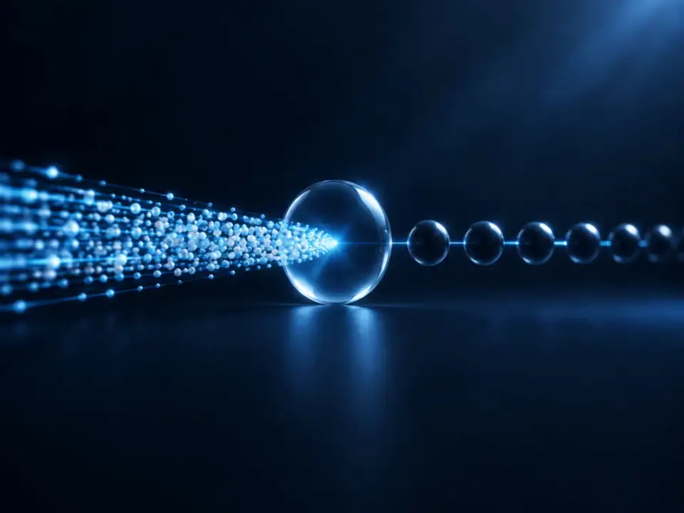 Un flusso veloce di particelle luminose entra in un'unica sfera di vetro e ne esce come una fila ordinata di sfere