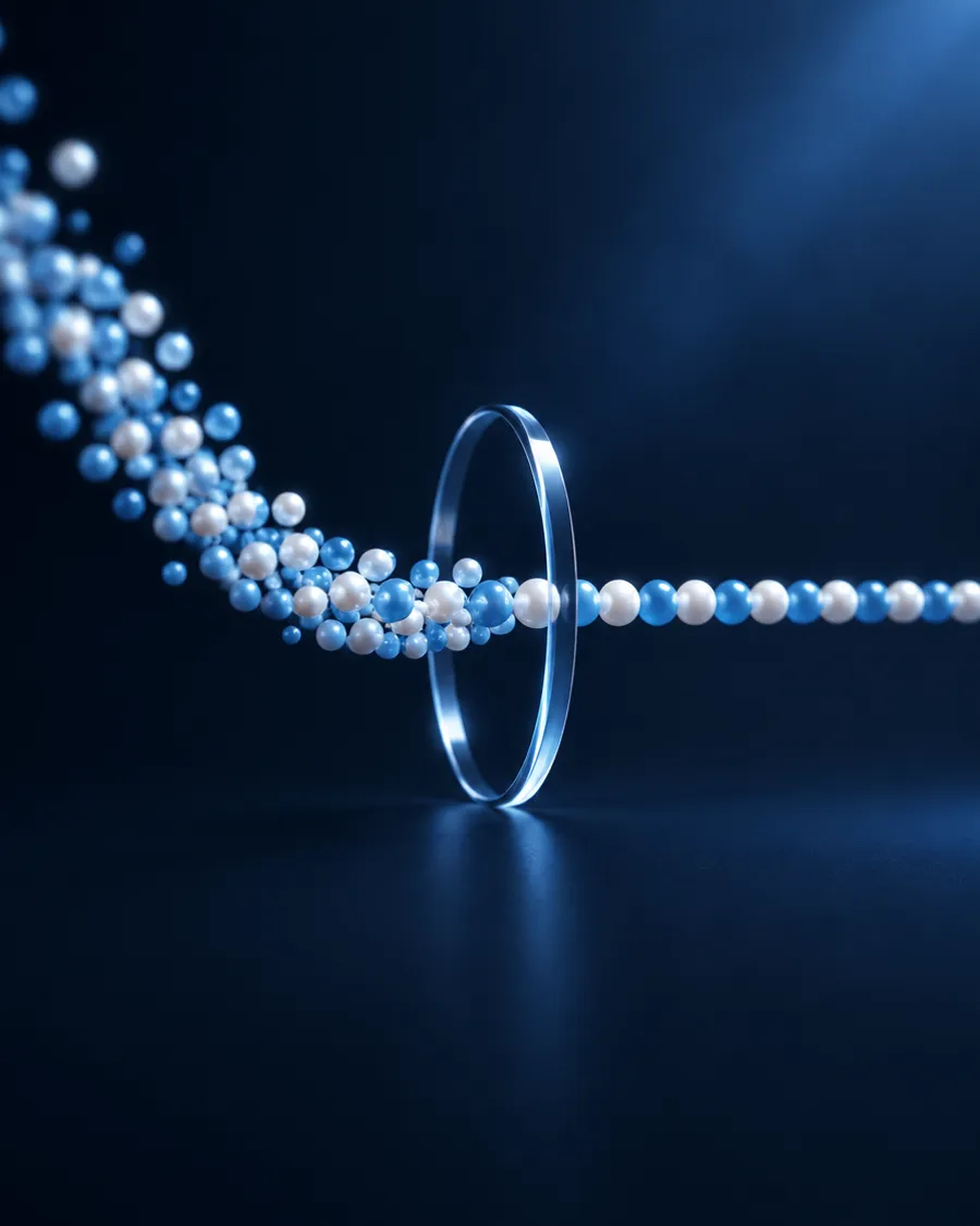 Un flusso di sfere attraversa un anello di vetro e ne esce in fila ordinata