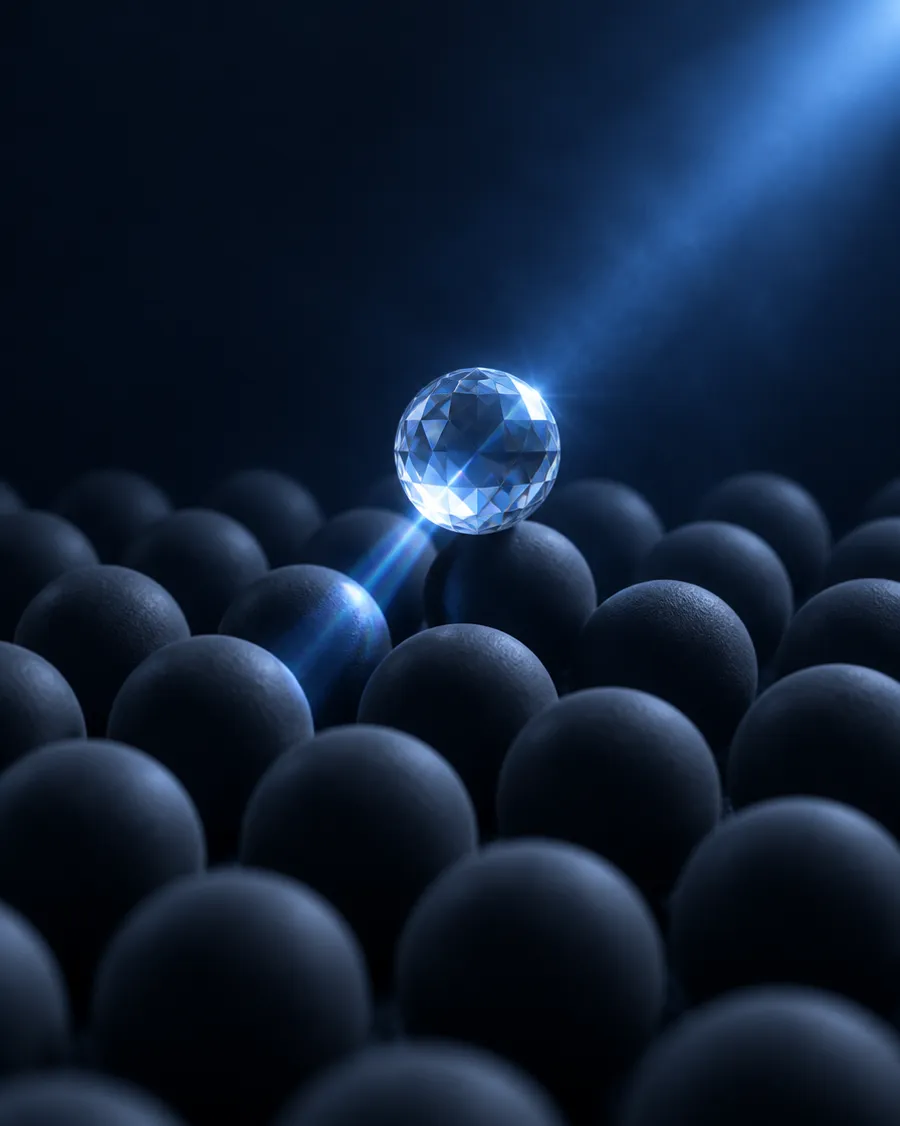 Una sfera di vetro sfaccettato si solleva sopra una distesa di sfere opache e rifrange la luce